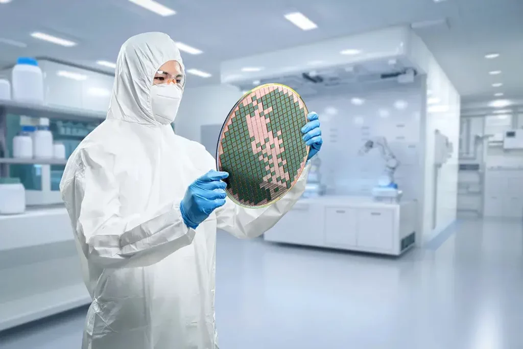 Engineer wears medical protective suit with silicon wafer.